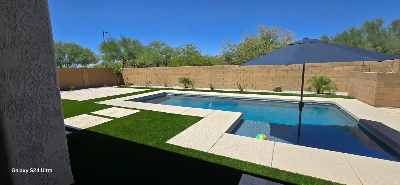 Pool and Baja shelf connected to an outdoor patio